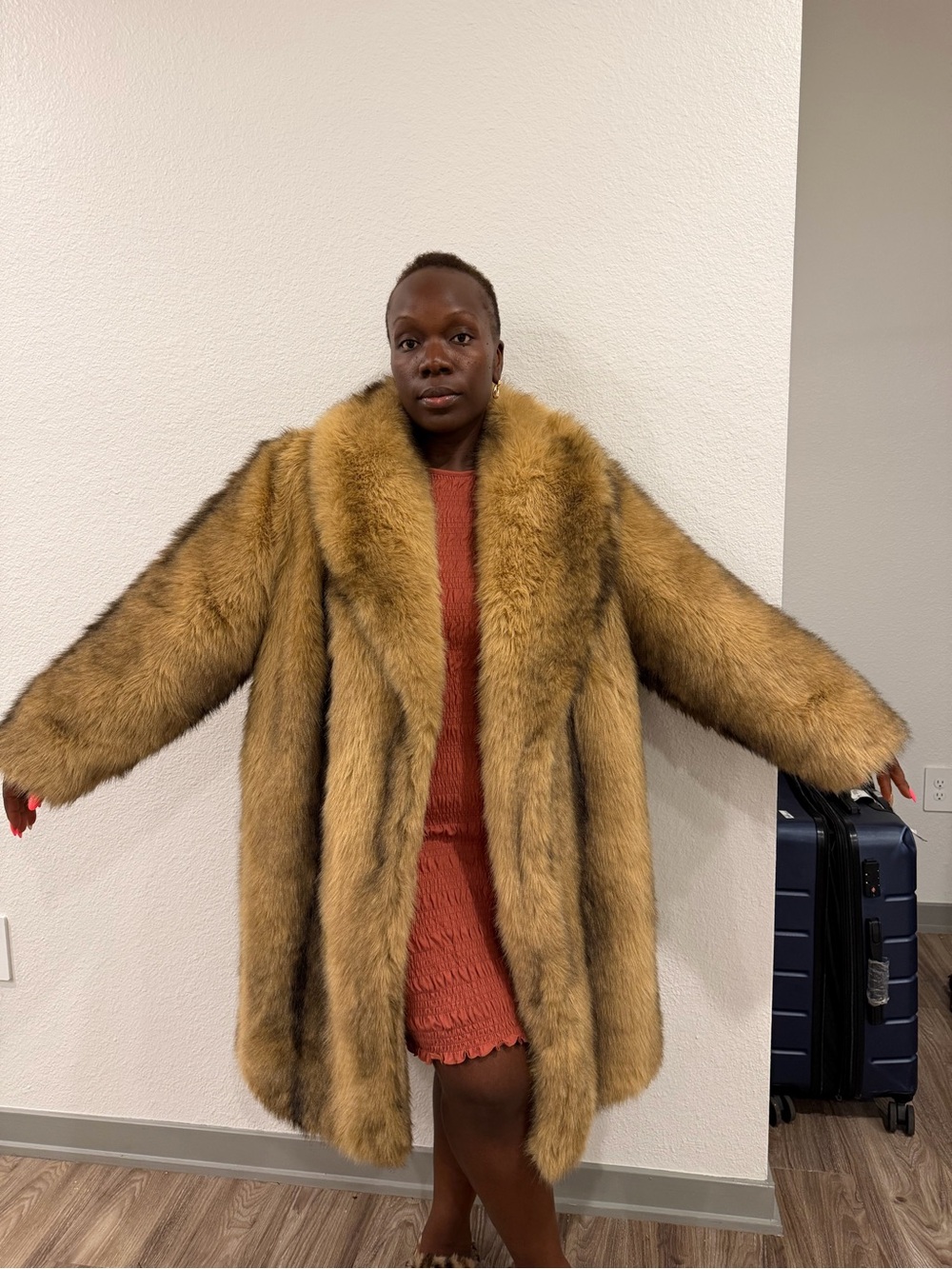 ASOS DESIGN Curve midi faux fur coat in orange stripe NWT